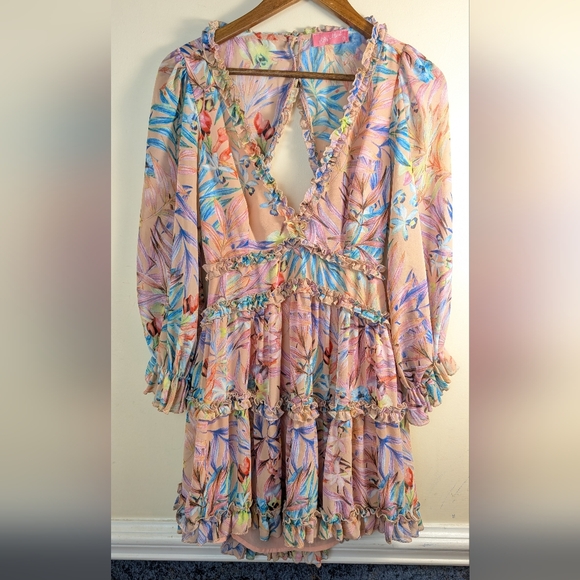 Lilly's Closet Pink Floral Open Back Sheer Sleeves Mini Dress Size M - Picture 7 of 8